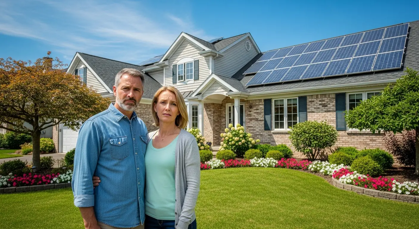 Concerned homeowners standing in front of their house with rooftop solar panels